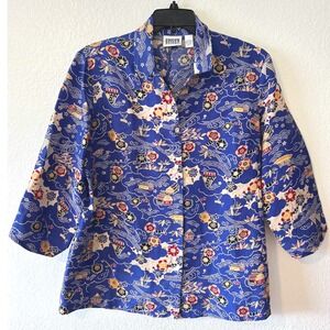 100% Silk Blue Japanese Landscape Floral Chicos Button Down Shirt Size 2
